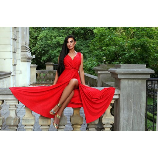 Czerwona brokatowa rozkloszowana sukienka maxi MONIKA Oscar Fashion 46 Oscar Fashion