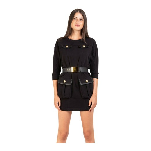 Fleece dress with pockets and logoed belt Elisabetta Franchi S - 42 IT showroom.pl