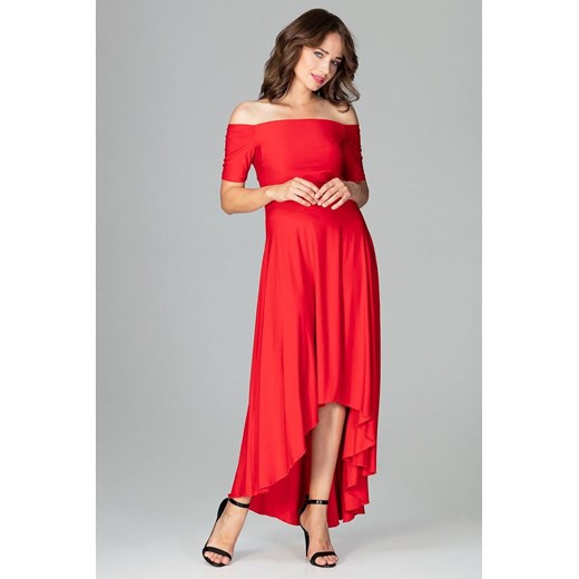 Sukienka Lenitif luźna czerwona maxi z krótkim rękawem asymetryczna 