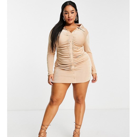 Missguided Plus – Jasnobeżowa obcisła sukienka koszulowa mini z marszczonym przodem-Neutralnie 46 Asos Poland