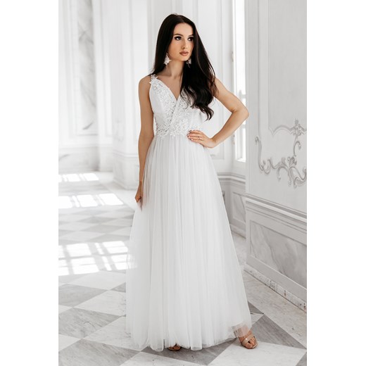 Biała sukienka Sukienkimm maxi z dekoltem v na ramiączkach 