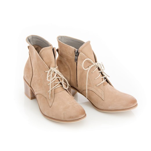 sznurowane botki na 5 cm klocku - skóra naturalna - model 482 - kolor beżowy Zapato 38 zapato.com.pl