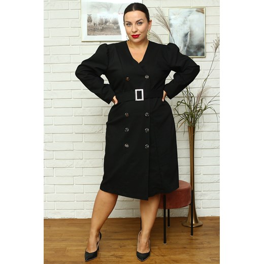 Sukienka płaszczykowa bawełniana elegancka dwurzędowa BOGDA czarna Plus Size karko.pl