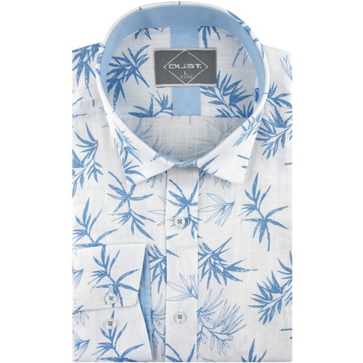 Lniana Koszula Męska Codzienna Casual biała w błękitne liście z długim rękawem w kroju SLIM FIT Dust B478 Dust. XXL ŚWIAT KOSZUL