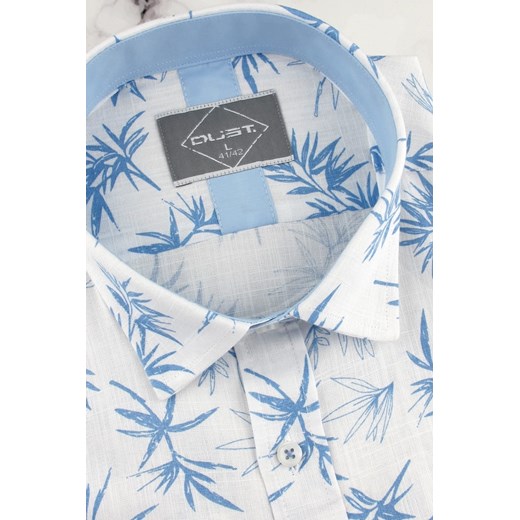 Lniana Koszula Męska Codzienna Casual biała w błękitne liście z długim rękawem w kroju SLIM FIT Dust B478 Dust. M ŚWIAT KOSZUL