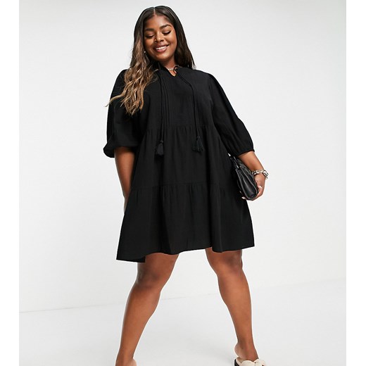 Vero Moda Curve – Czarna sukienka mini ozdobiona haftem angielskim z organicznej bawełny-Black 54 Asos Poland