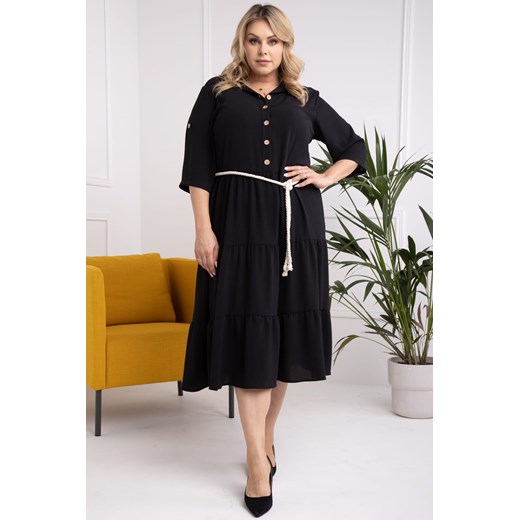Sukienka swobodna boho z falbankami i ozdobnym sznurkiem FRANCESKA czarna Plus Size karko.pl
