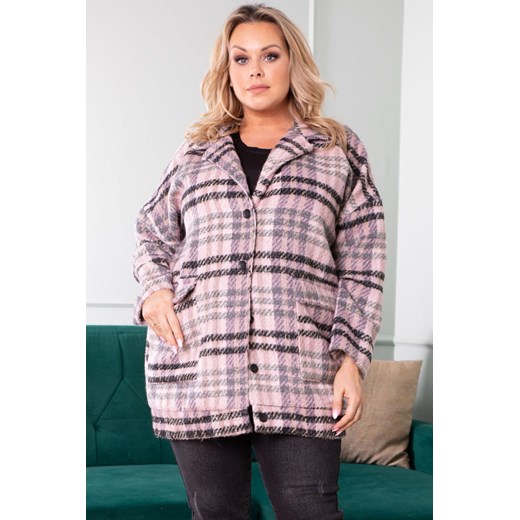 Kurtka modna z kieszeniami grubo tkana tweedowa zapinany na guziki ORIANA w różowo-szarą kratę Plus Size karko.pl