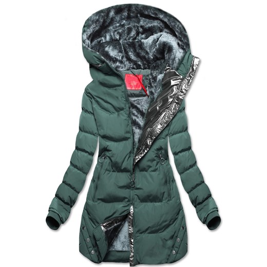 Zielona długa pikowana zimowa kurtka płaszczyk z kapturem srebrna wstawka Dramond XL wyprzedaż dramond.pl