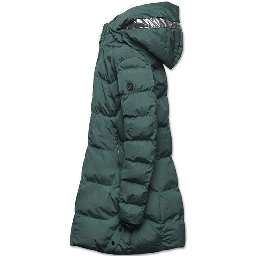 Zielona długa pikowana zimowa kurtka płaszczyk z kapturem srebrna wstawka Dramond M promocyjna cena dramond.pl