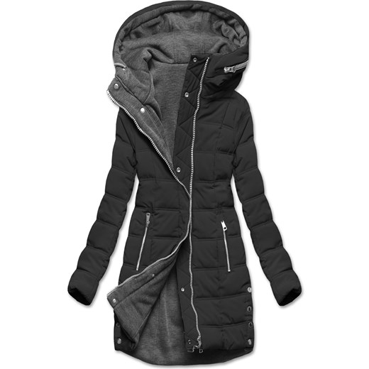 Czarna casualowa dwustronna zimowa pikowana ciepła kurtka płaszczyk z kapturem Dramond L dramond.pl wyprzedaż