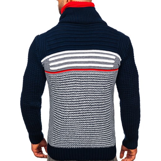 Granatowo-czerwony gruby sweter męski ze stójką Denley 2026 L Denley promocja
