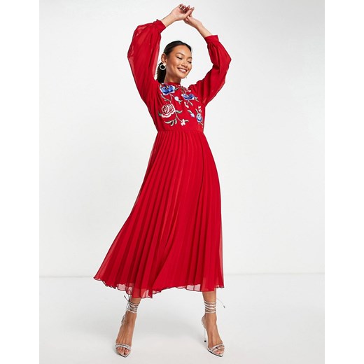 ASOS DESIGN – Czerwona plisowana sukienka midi skater ze stójką, długim rękawem i haftem-Czerwony 42 Asos Poland