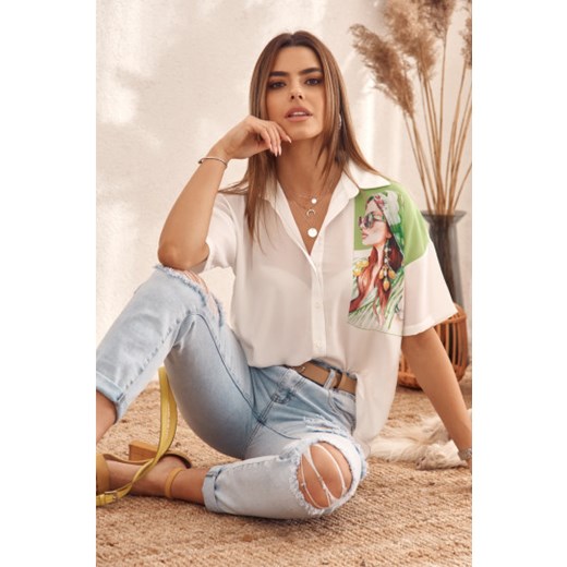 Delikatna koszula z nadrukiem na ramieniu kremowo-zielona MP26650 S fasardi.com