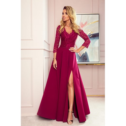 Amber elegancka koronkowa długa suknia z dekoltem - bordowa - rozmiar XL Numoco 42 (XL) Jesteś Modna promocyjna cena