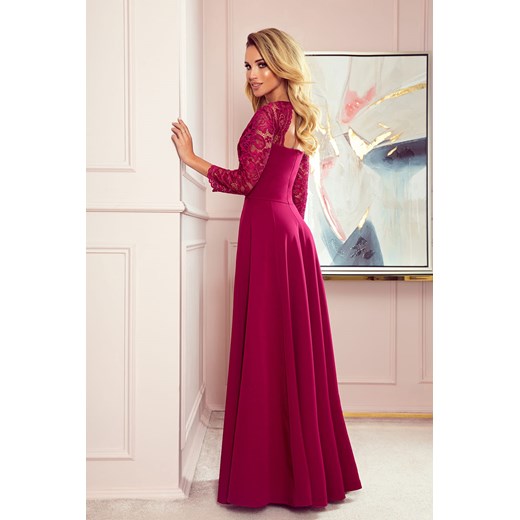 Amber elegancka koronkowa długa suknia z dekoltem - bordowa - rozmiar XL Numoco 42 (XL) promocja Jesteś Modna