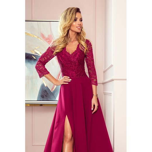 Amber elegancka koronkowa długa suknia z dekoltem - bordowa - rozmiar XL Numoco 42 (XL) okazja Jesteś Modna