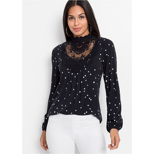 Shirt z długim rękawem z nadrukiem i koronką | bonprix 36/38 bonprix