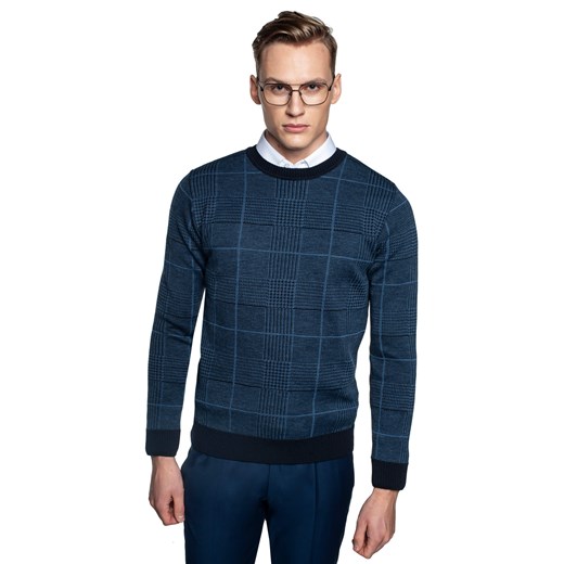 Sweter niebieski w kratę z wełną Recman GRILLONS Recman L Eye For Fashion