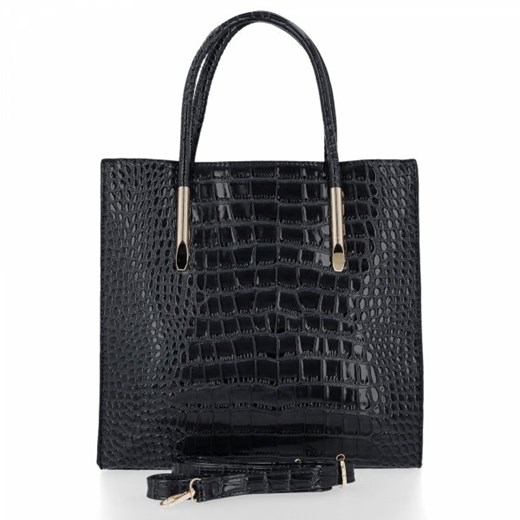 Shopper bag czarna Grace Bags glamour lakierowana mieszcząca a4 bez dodatków na ramię 