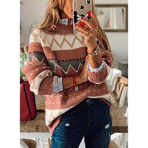 Długi rękaw dekolt prosty dzianina luźny wzór etniczny casual jednolity na co Arilook 2XL Arilook