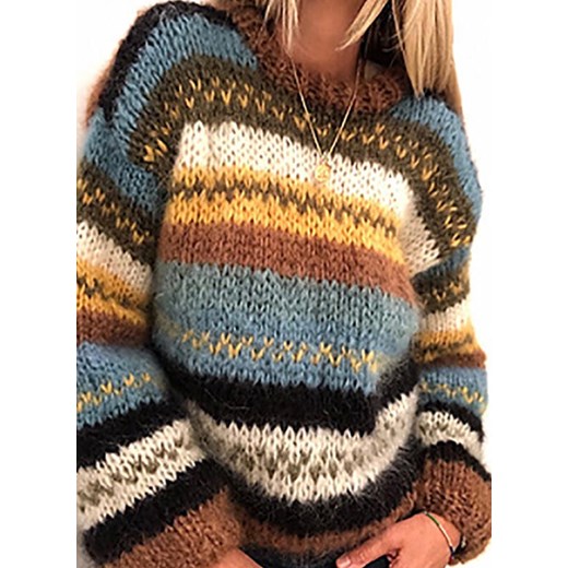 Długi rękaw dekolt okrągły dzianina luźny wzór paski casual jednolity na co Arilook S Arilook