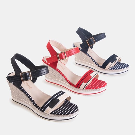 Czerwone damskie sandały na koturnie w paseczki Carlota - Obuwie Royalfashion.pl 38 royalfashion.pl