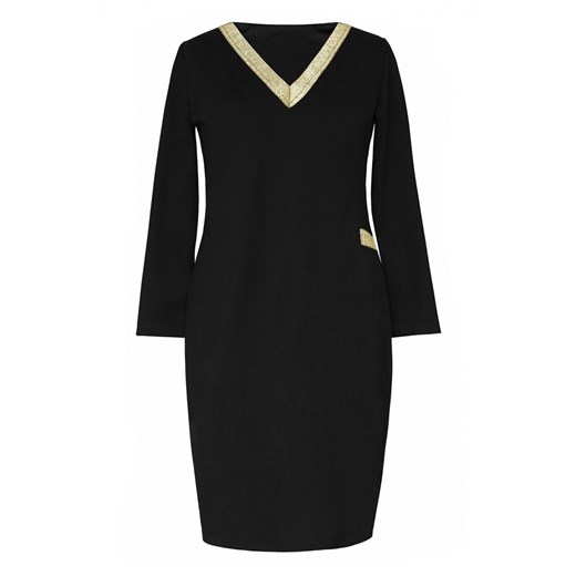 Czarna sukienka dresowa ze złotym dekoltem V - MADELINE, Rozmiar -  l (40/42) Xl (44-46) Sklep XL-KA