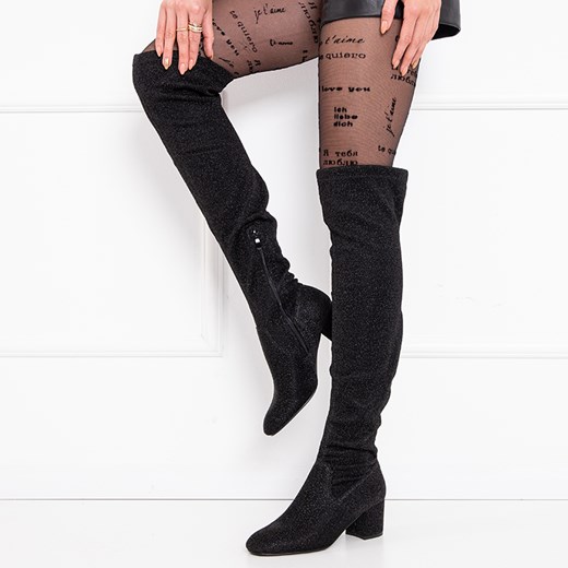 Czarne damskie kozaki za kolano z brokatem Wiqu- Obuwie Royalfashion.pl 37 royalfashion.pl