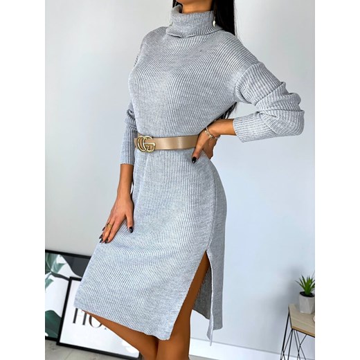 Szara Sweterkowa Sukienka z Golfem 6920-106-E Modnakiecka.pl Uniwersalny ModnaKiecka.pl