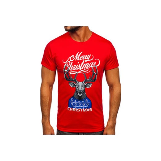 Czerwony T-shirt męski ze świątecznym nadrukiem Denley Y70069 XL wyprzedaż Denley