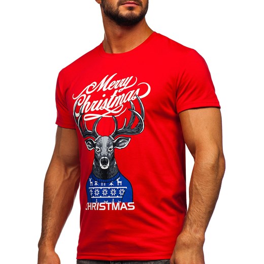 Czerwony T-shirt męski ze świątecznym nadrukiem Denley Y70069 L okazyjna cena Denley