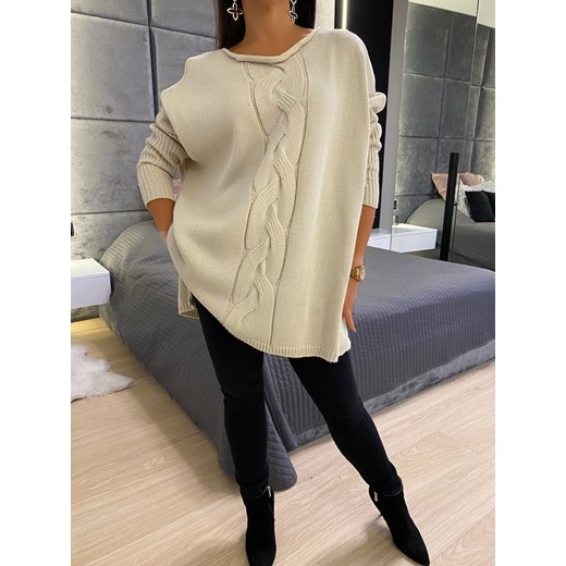 Beżowy Sweter Oversize 6584-322-A Modnakiecka.pl Uniwersalny ModnaKiecka.pl