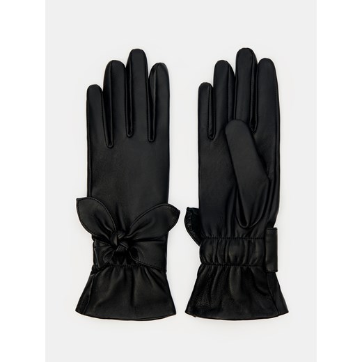 Mohito - Skórzane rękawiczki z ozdobną kokardą - Czarny Mohito M Mohito