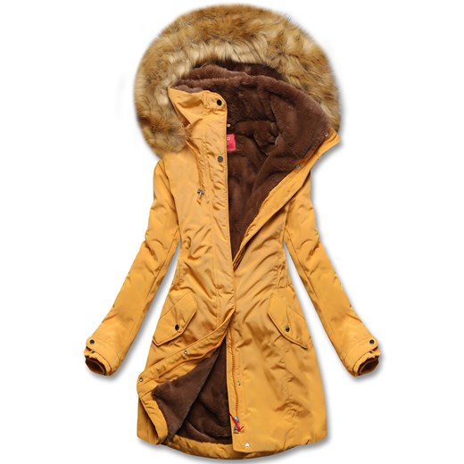 Żółta genialna zimowa ciepła kurtka płaszczyk na futerku z kapturem 21501 Dramond XL wyprzedaż dramond.pl