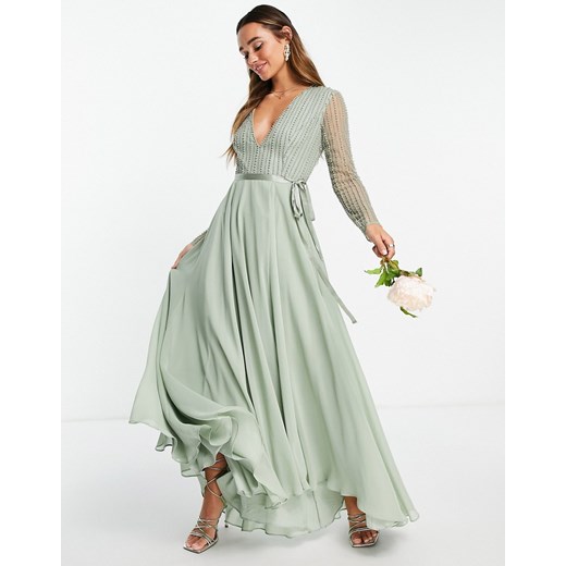 ASOS DESIGN – Sukienka maxi druhna z prostym zdobionym gorsetem i kopertową 34 Asos Poland