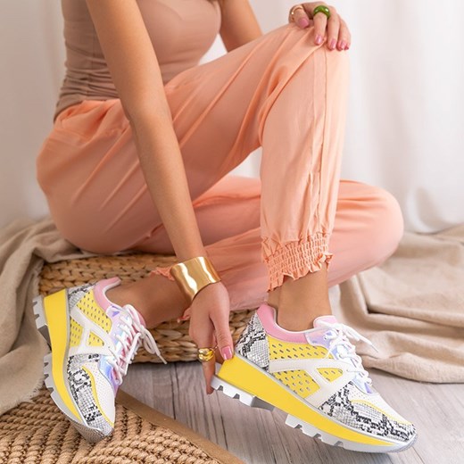 Biało-żółte sneakersy damskie z kolorowymi wstawkami Bumba - Obuwie Royalfashion.pl 37 royalfashion.pl