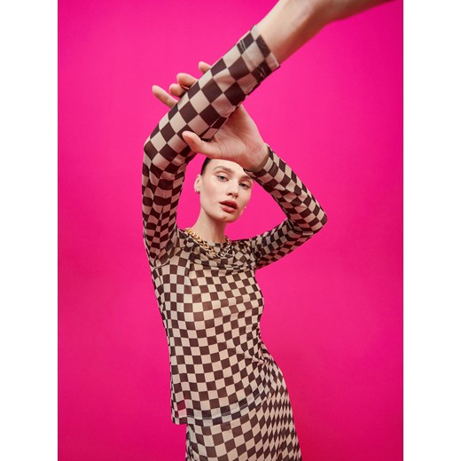 Cropp - Bluzka w kratę - Beżowy Cropp M Cropp