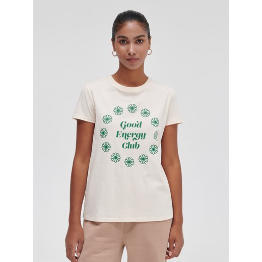 Cropp - Koszulka z nadrukiem - kremowy ze sklepu Cropp w kategorii Bluzki damskie - zdjęcie 125766420