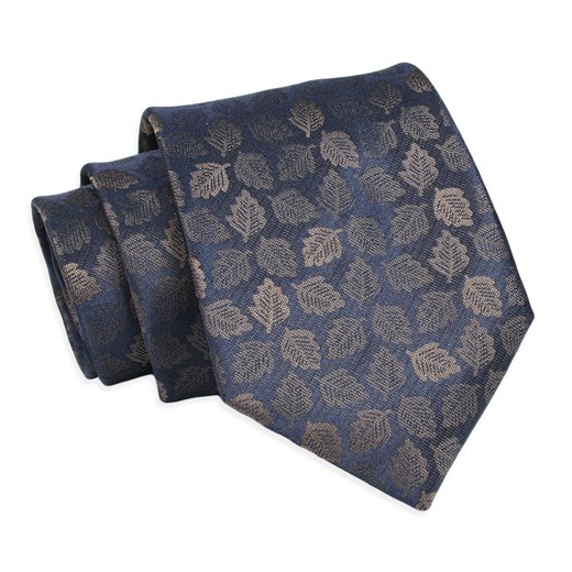 Krawat Klasyczny, Granatowy w Brązowe, Listki, Męski, Szeroki 8 cm, Elegancki -CHATTIER KRCH1266 ze sklepu JegoSzafa.pl w kategorii Krawaty - zdjęcie 126069243