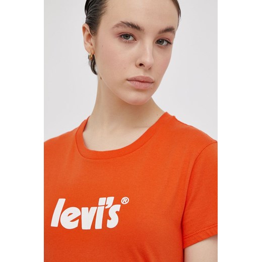 Bluzka damska Levi's z okrągłym dekoltem czerwona z aplikacjami z krótkimi rękawami młodzieżowa