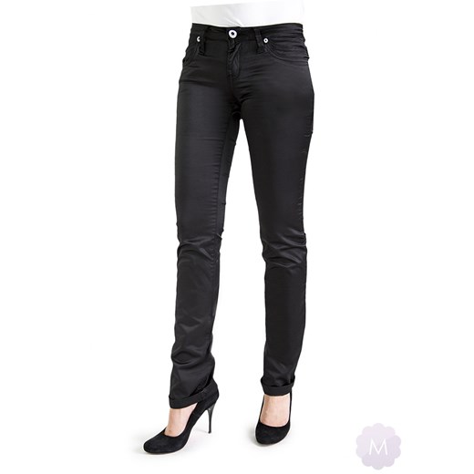 Satynowe czarne spodnie jeansowe biodrówki z prostą nogawką mercerie-pl czarny biodrówki