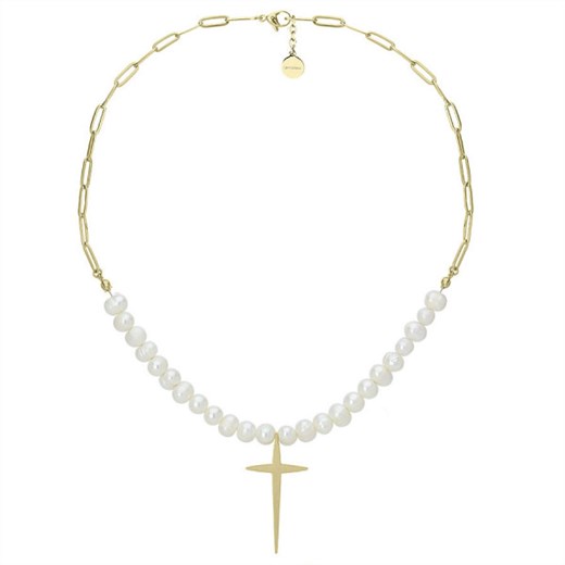 Naszyjnik pozłacany łańcuch z perłami i krzyżem ze stali szlachetnej ze sklepu manoki.pl w kategorii Naszyjniki - zdjęcie 126521902