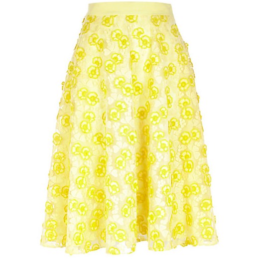 Yellow 3D floral lace midi skirt river-island zolty kwiatowy