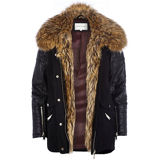 Black faux fur collar wool coat river-island brazowy płaszcz