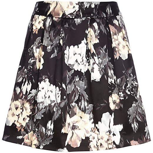 Black floral smudge print mini skirt river-island szary kwiatowy