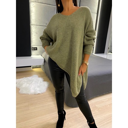 Khaki Asymetryczny Sweterek 6578-89-H Modnakiecka.pl Uniwersalny ModnaKiecka.pl