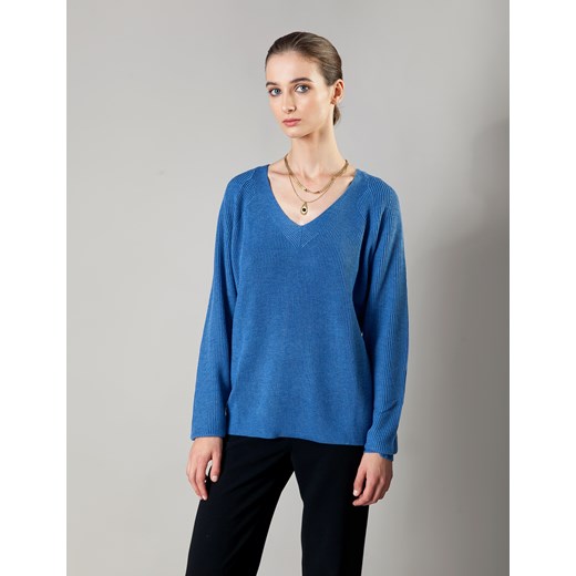 Niebieski sweter z dekoltem w szpic Molton XL Molton