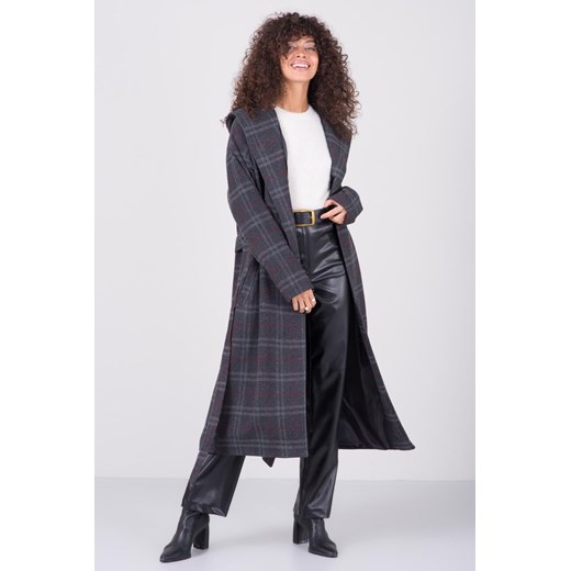 BSL Grafitowy płaszcz w kratę z kapturem Sheandher.pl S Sheandher.pl