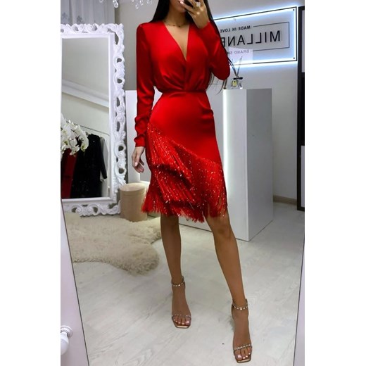 Sukienka IVET czerwona z dekoltem w serek dopasowana z długim rękawem 